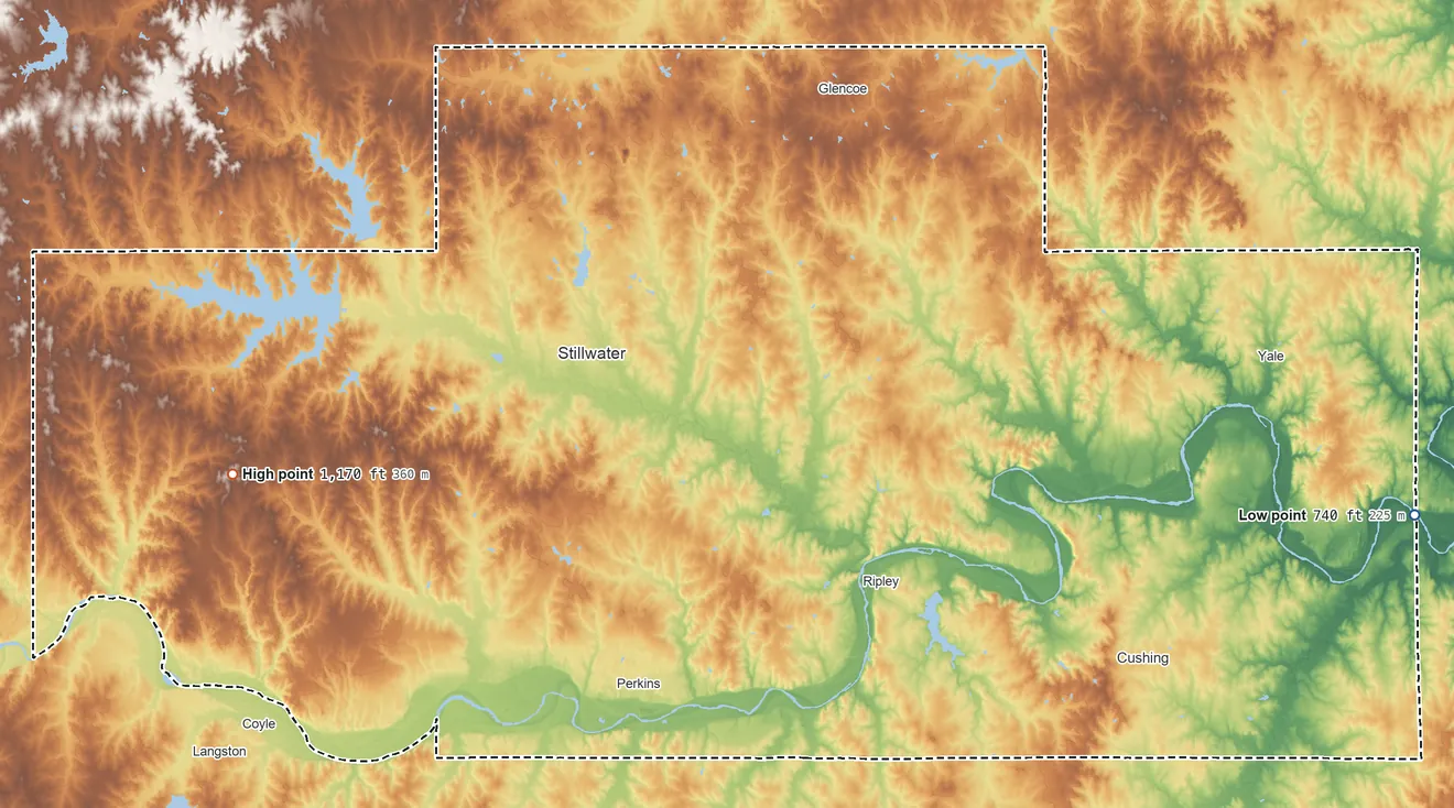 Topographic elevation map of Payne County, Oklahoma, shaded from 740 ft on the east side to 1,170 ft on the west side