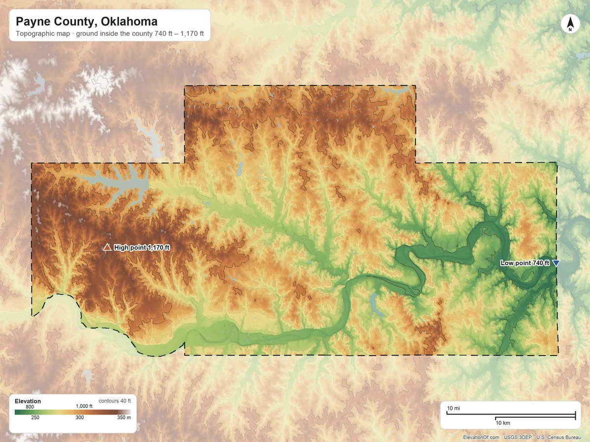 Topographic elevation map of Payne County, Oklahoma, shaded from 740 ft on the east side to 1,170 ft on the west side