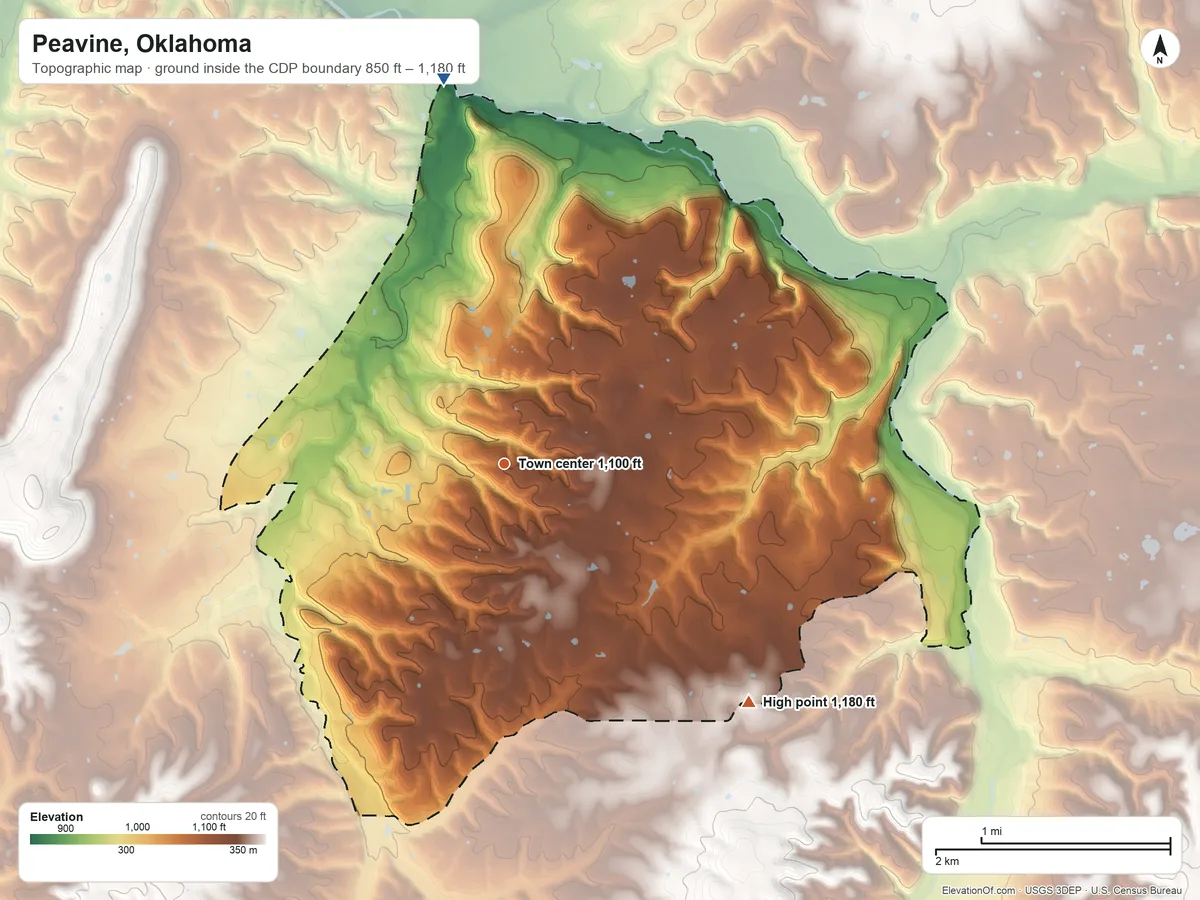 Topographic elevation map of Peavine, Oklahoma, shaded from 850 ft on the north side to 1,180 ft on the southeast side