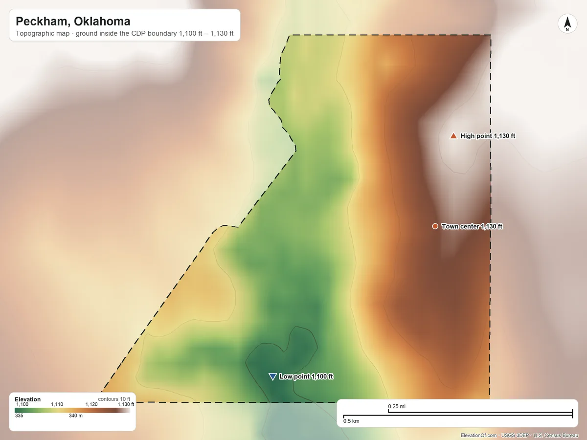 Topographic elevation map of Peckham, Oklahoma, shaded from 1,100 ft on the southwest side to 1,130 ft on the north side