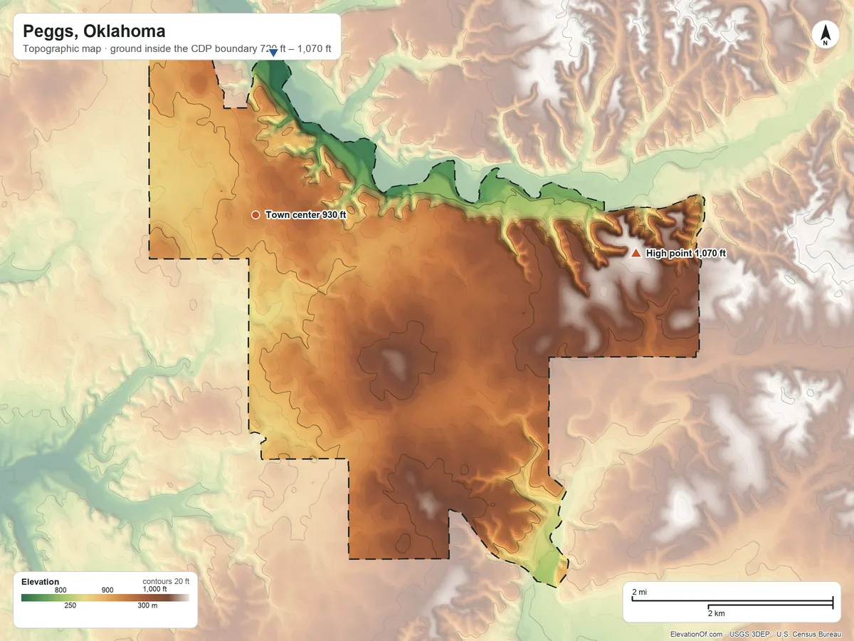 Topographic elevation map of Peggs, Oklahoma, shaded from 720 ft on the north side to 1,070 ft on the east side