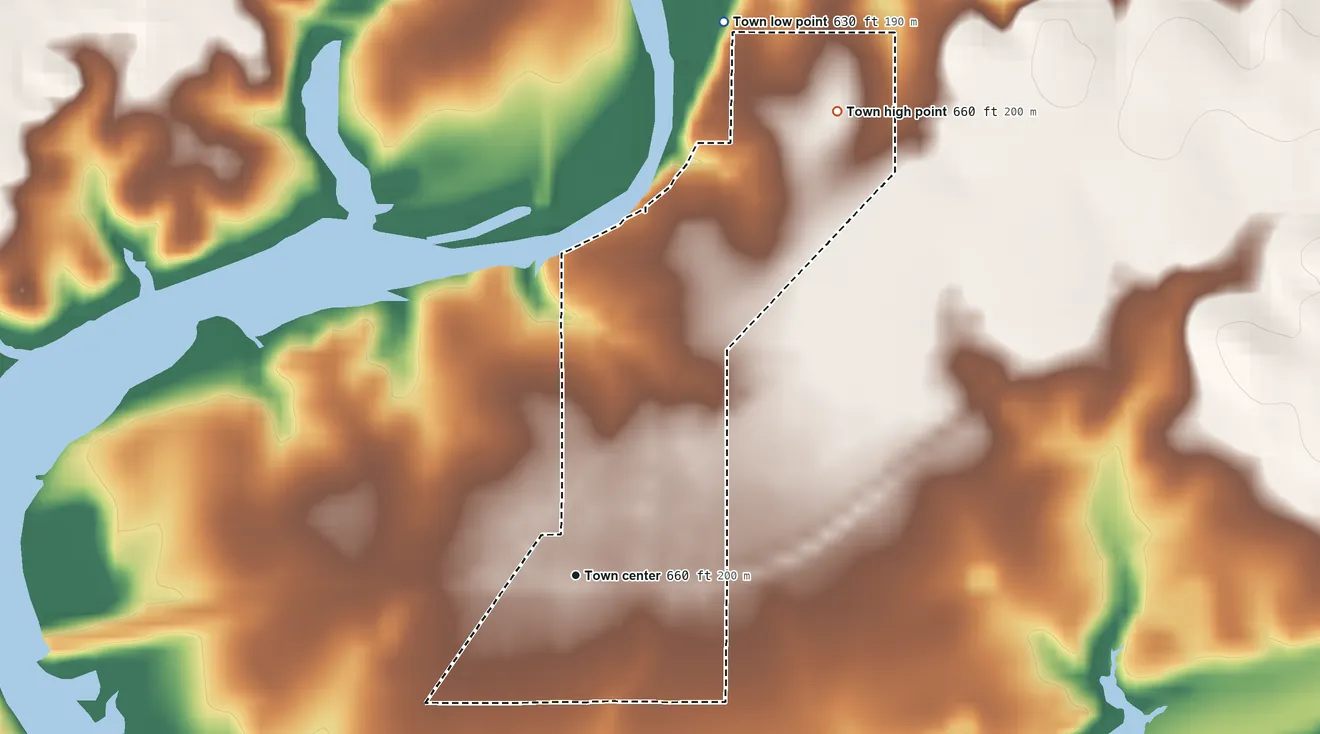 Topographic elevation map of Pensacola, Oklahoma, shaded from 630 ft on the north side to 660 ft on the northeast side