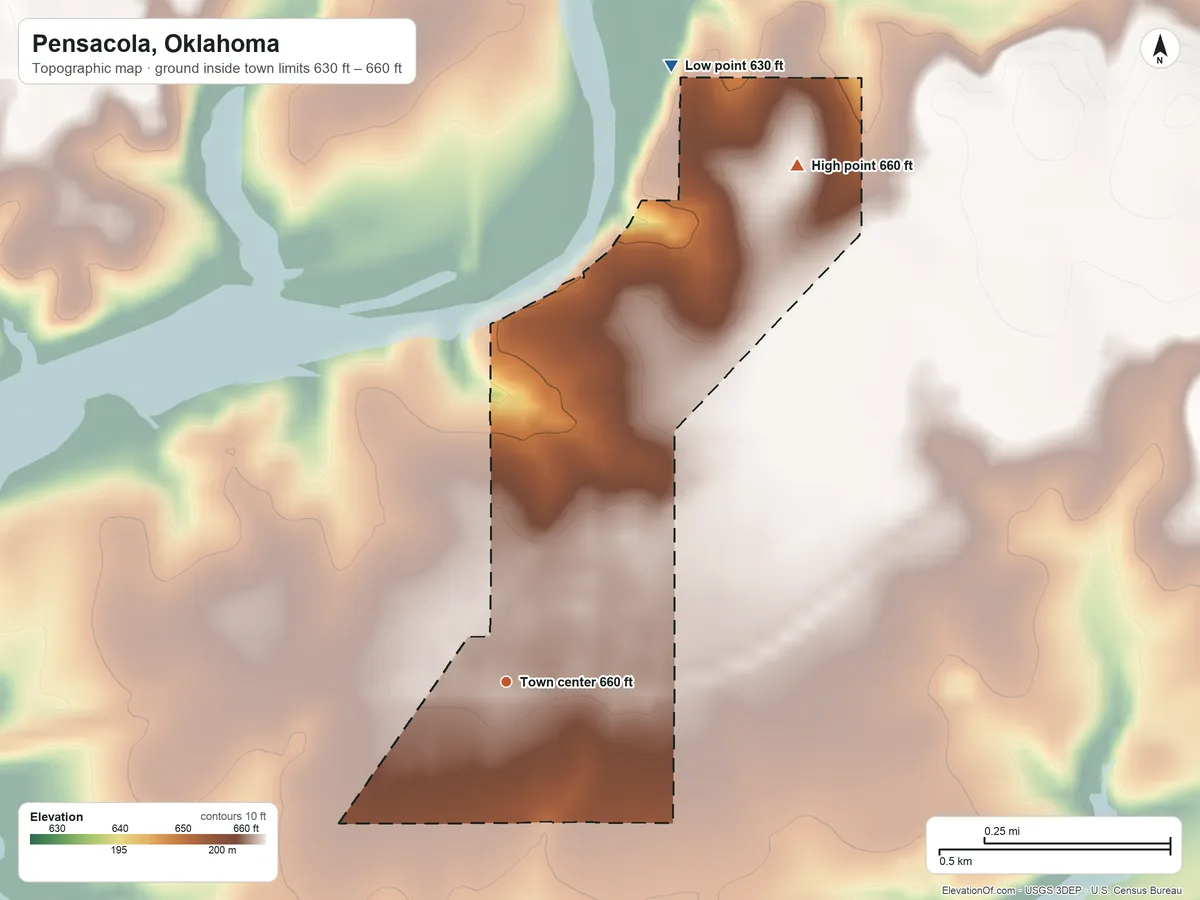 Topographic elevation map of Pensacola, Oklahoma, shaded from 630 ft on the north side to 660 ft on the northeast side