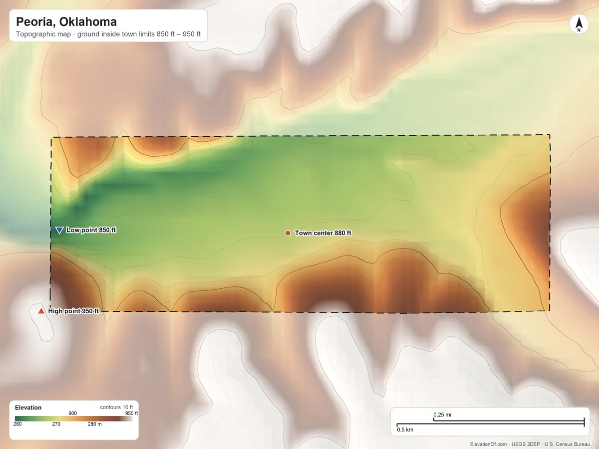 Topographic elevation map of Peoria, Oklahoma, shaded from 850 ft on the west side to 950 ft on the west side