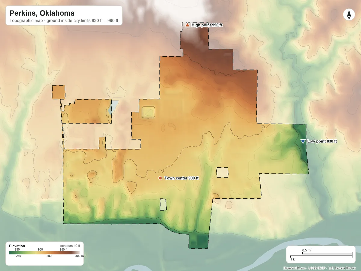 Topographic elevation map of Perkins, Oklahoma, shaded from 830 ft on the east side to 990 ft on the north side