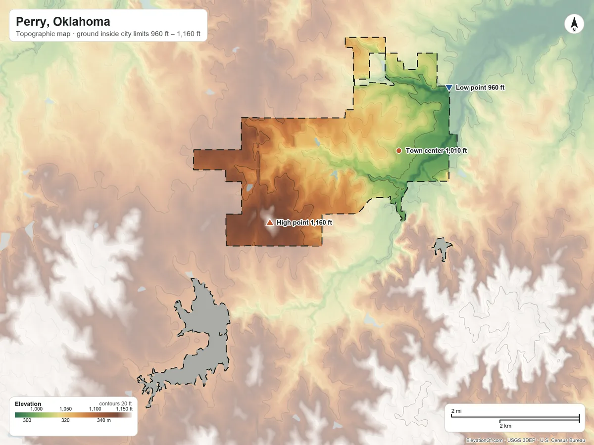 Topographic elevation map of Perry, Oklahoma, shaded from 960 ft on the northeast side to 1,160 ft on the southwest side