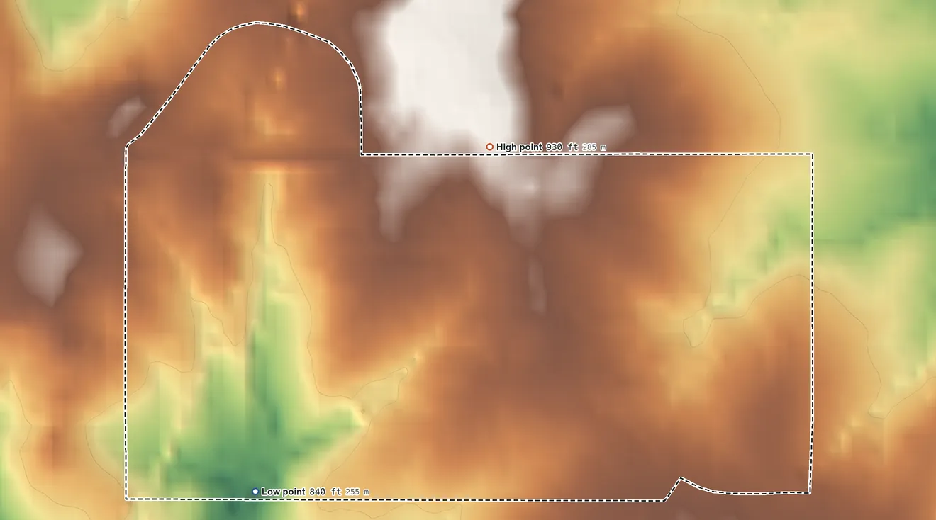Topographic elevation map of Pershing, Oklahoma, shaded from 840 ft on the southwest side to 930 ft on the north side
