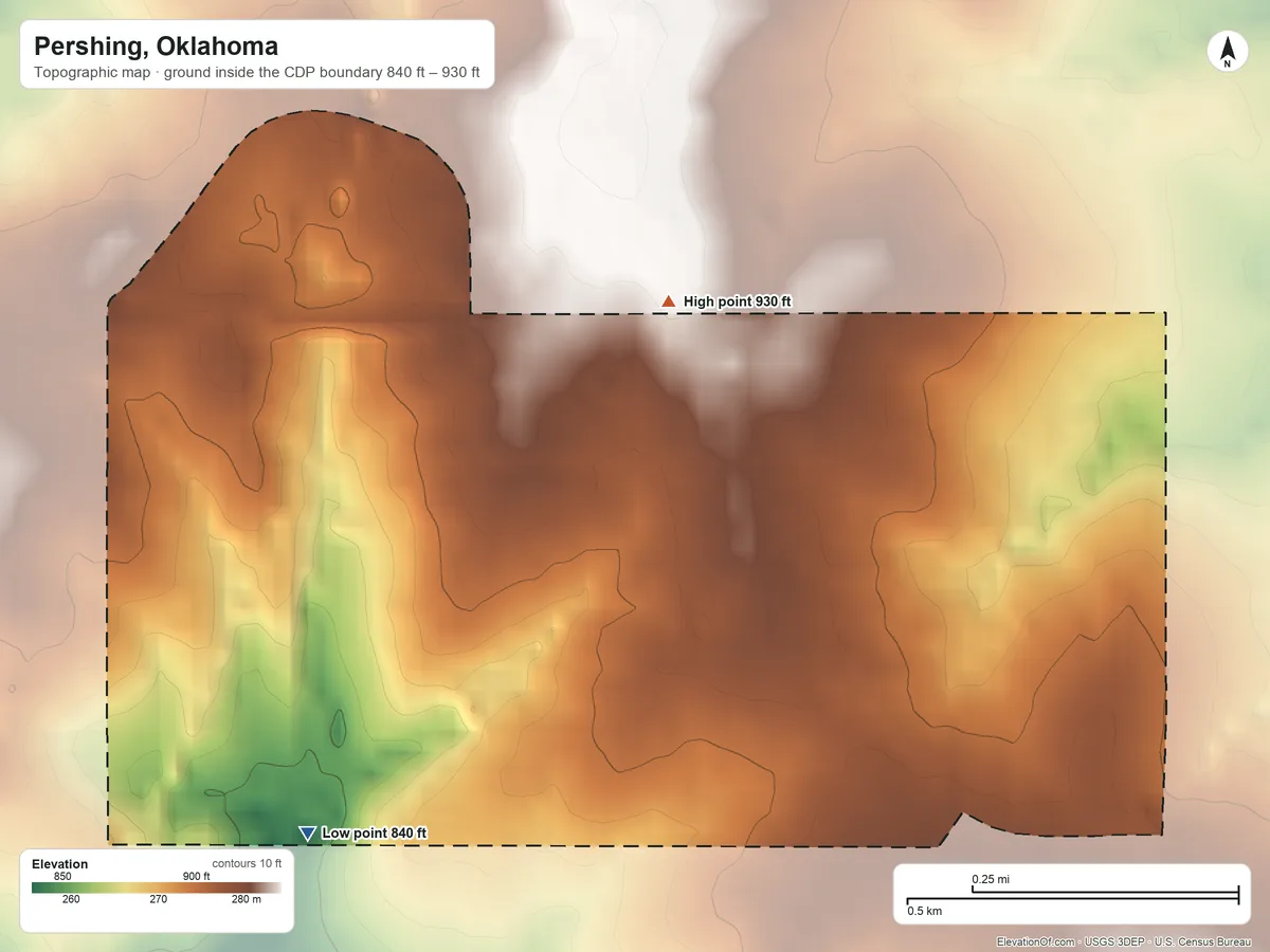 Topographic elevation map of Pershing, Oklahoma, shaded from 840 ft on the southwest side to 930 ft on the north side