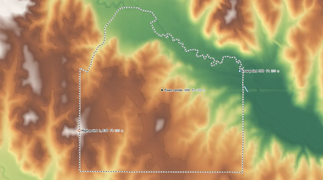 Topographic elevation map of Pickett, Oklahoma, shaded from 900 ft on the east side to 1,030 ft on the southwest side