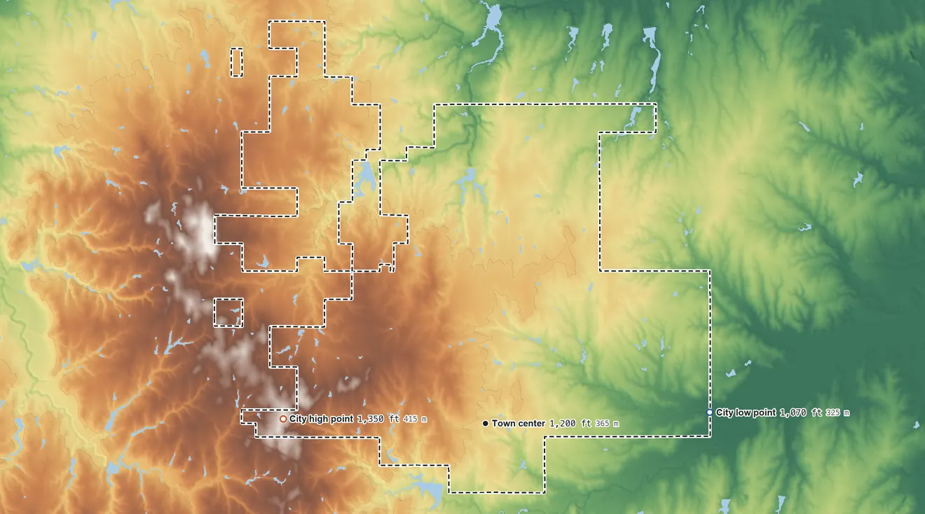 Topographic elevation map of Piedmont, Oklahoma, shaded from 1,070 ft on the east side to 1,350 ft on the west side