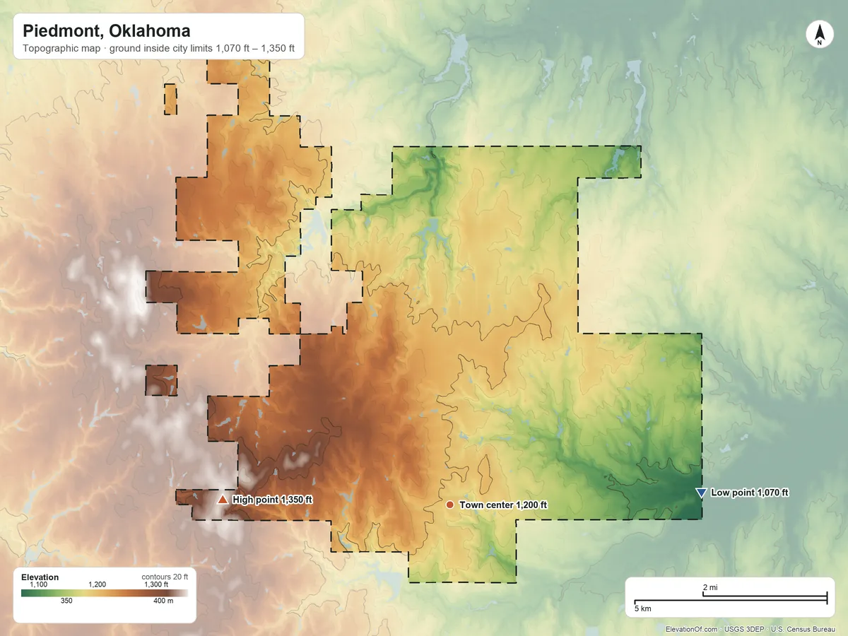 Topographic elevation map of Piedmont, Oklahoma, shaded from 1,070 ft on the east side to 1,350 ft on the west side