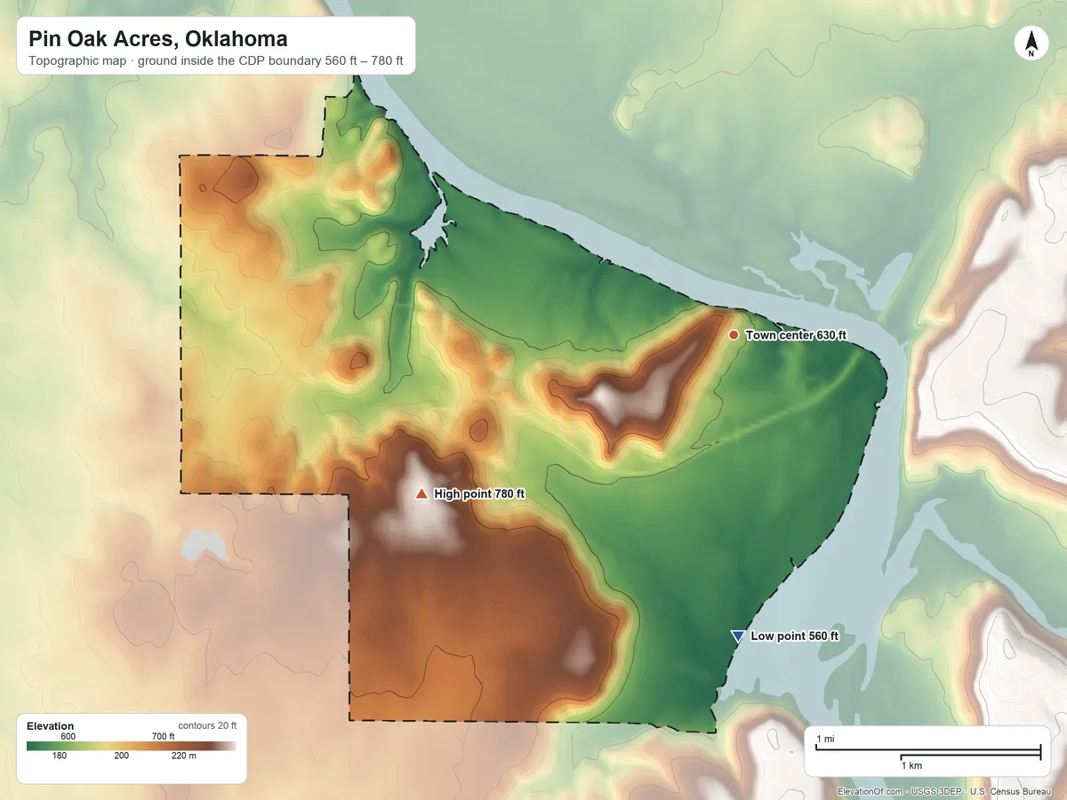 Topographic elevation map of Pin Oak Acres, Oklahoma, shaded from 560 ft on the south side to 780 ft on the southwest side