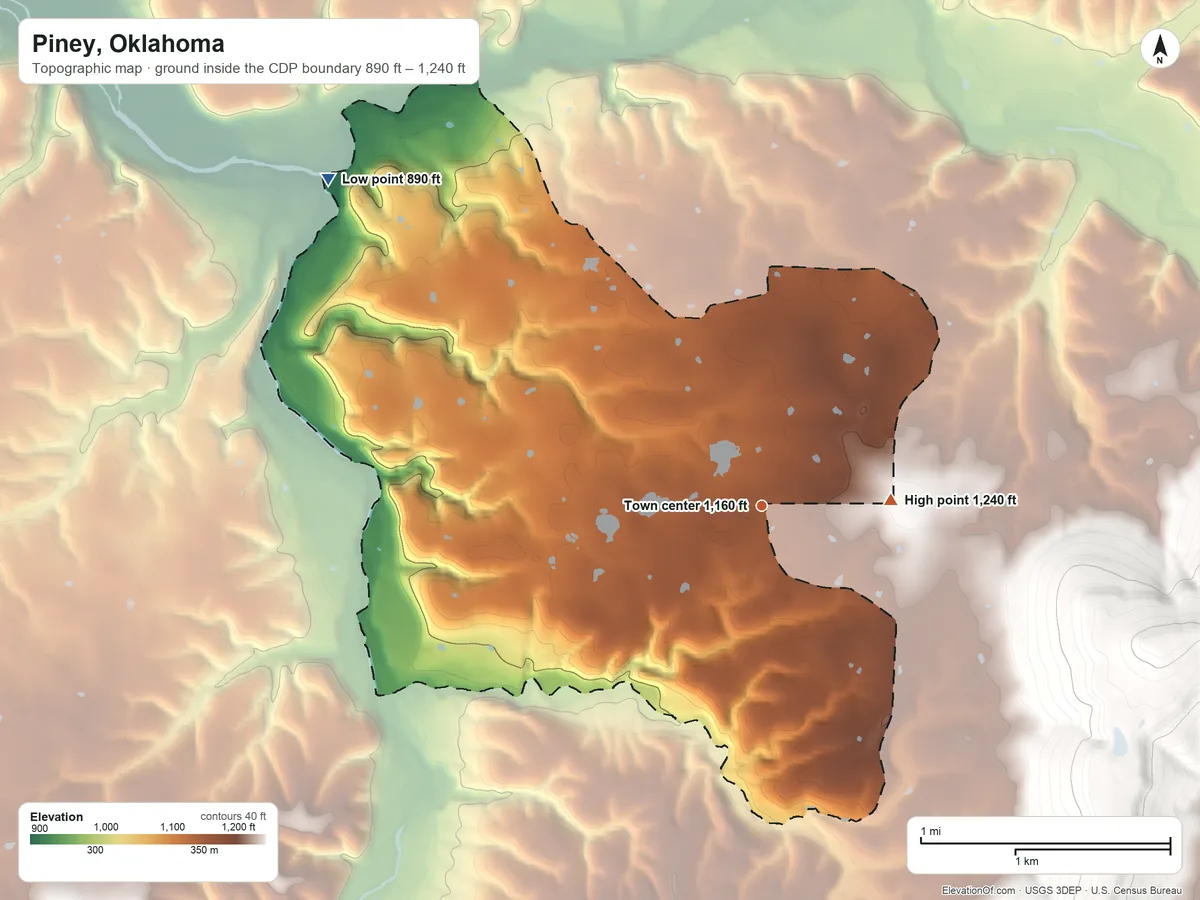 Topographic elevation map of Piney, Oklahoma, shaded from 890 ft on the northwest side to 1,240 ft on the east edge, below higher ground just outside