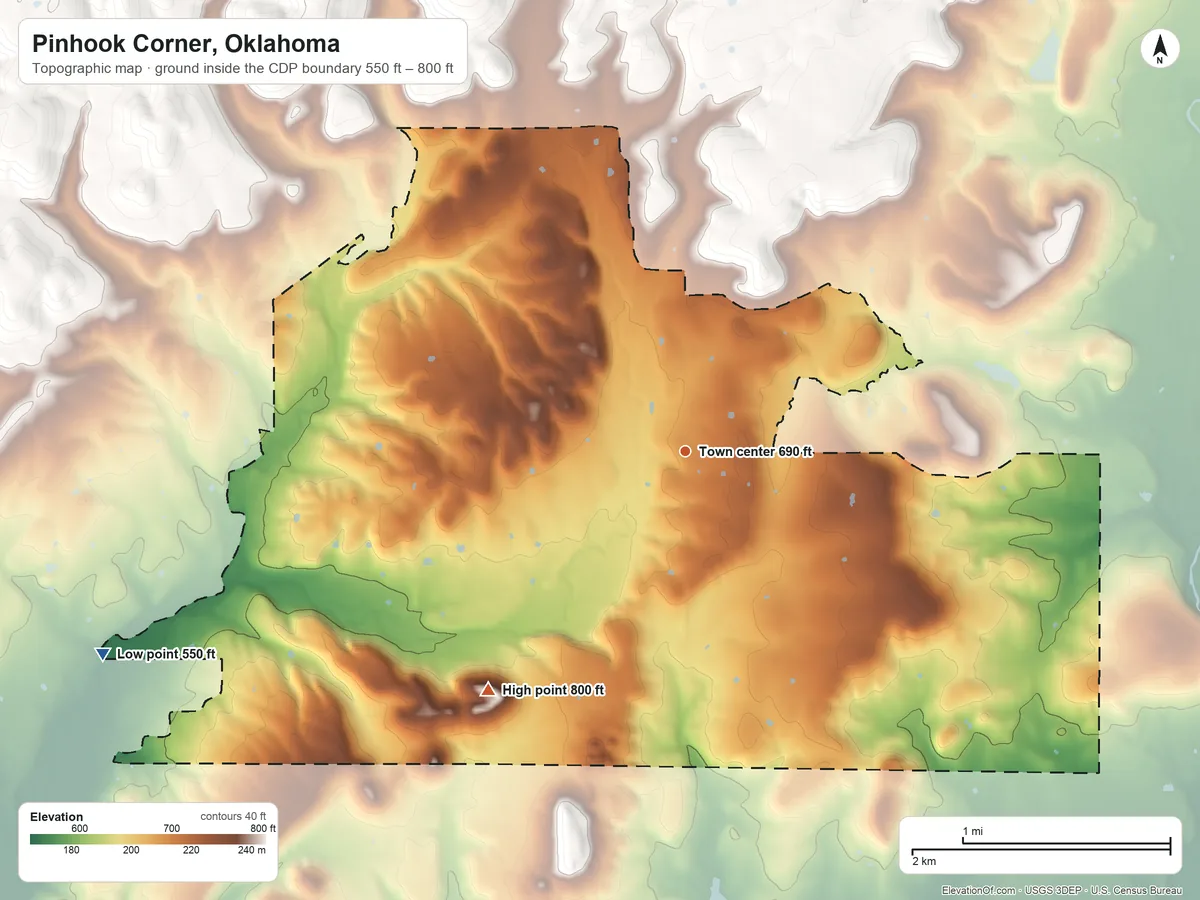Topographic elevation map of Pinhook Corner, Oklahoma, shaded from 550 ft on the west side to 800 ft on Anderson Mountain