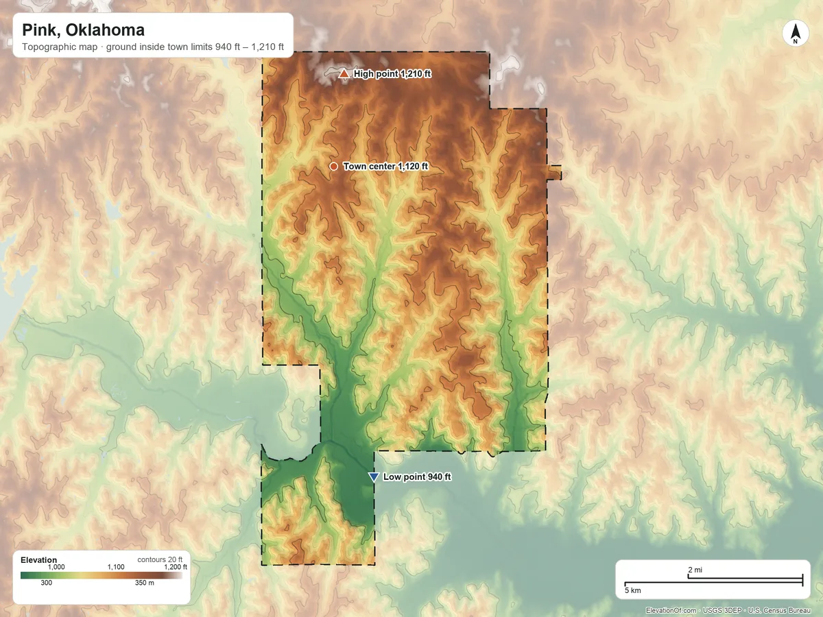 Topographic elevation map of Pink, Oklahoma, shaded from 940 ft on the south side to 1,210 ft on the north side