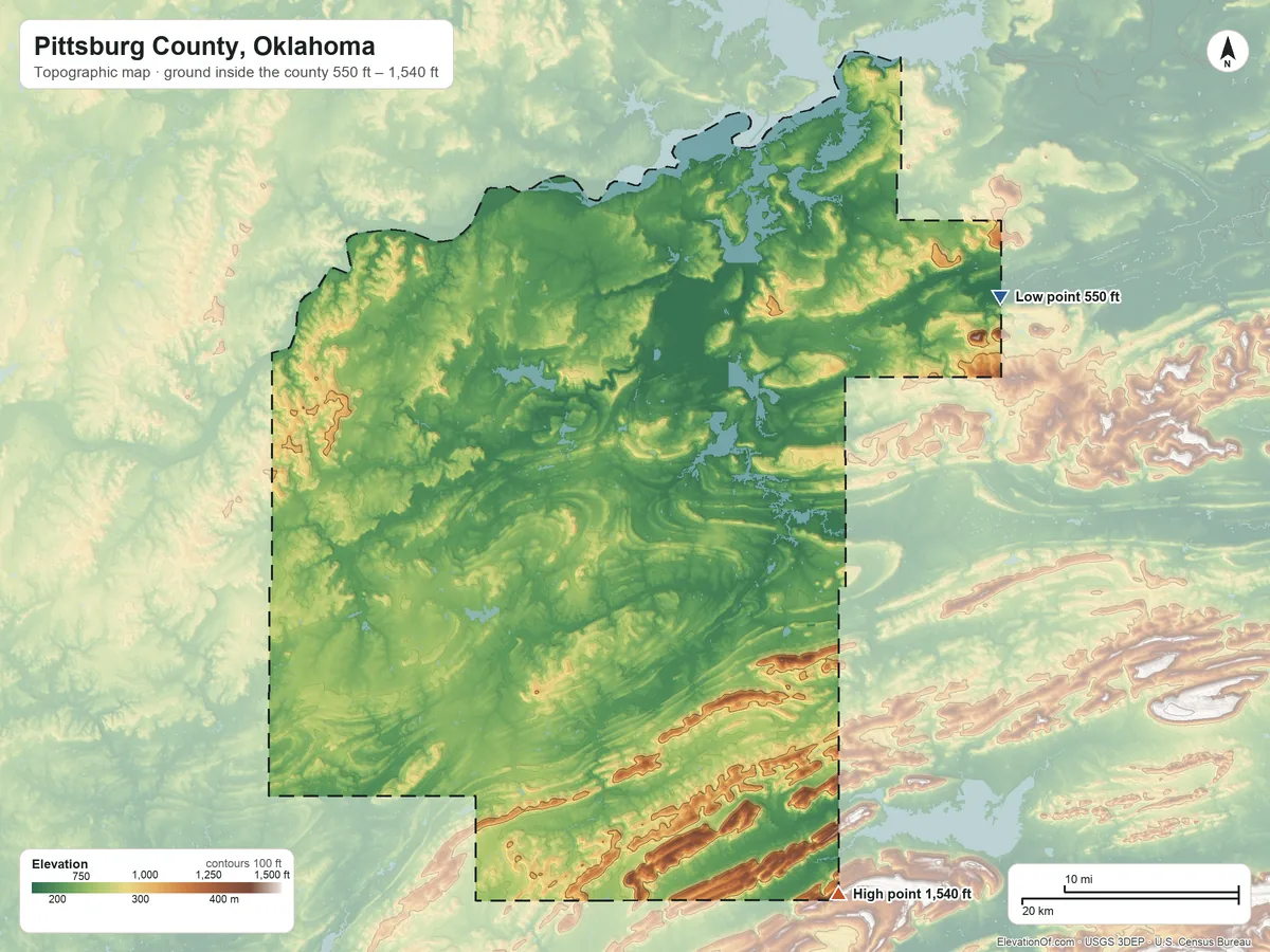 Topographic elevation map of Pittsburg County, Oklahoma, shaded from 550 ft on the northeast side to 1,540 ft on the southeast side