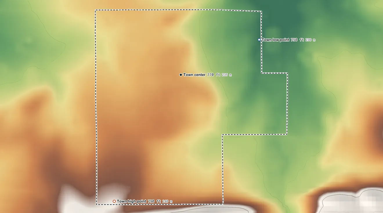 Topographic elevation map of Pittsburg, Oklahoma, shaded from 750 ft on the northeast side to 790 ft on the southwest side