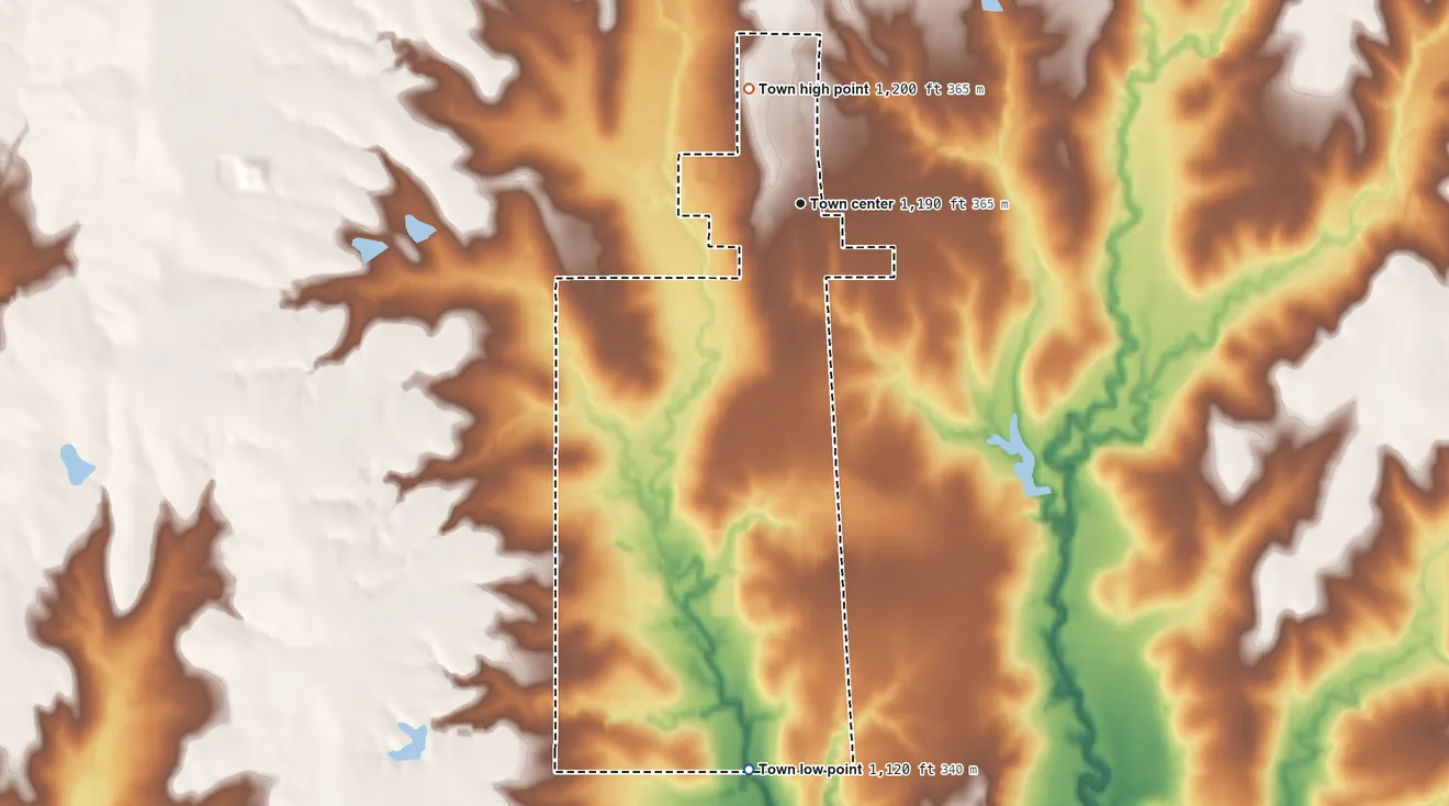 Topographic elevation map of Pocasset, Oklahoma, shaded from 1,120 ft on the south side to 1,200 ft on the northwest side