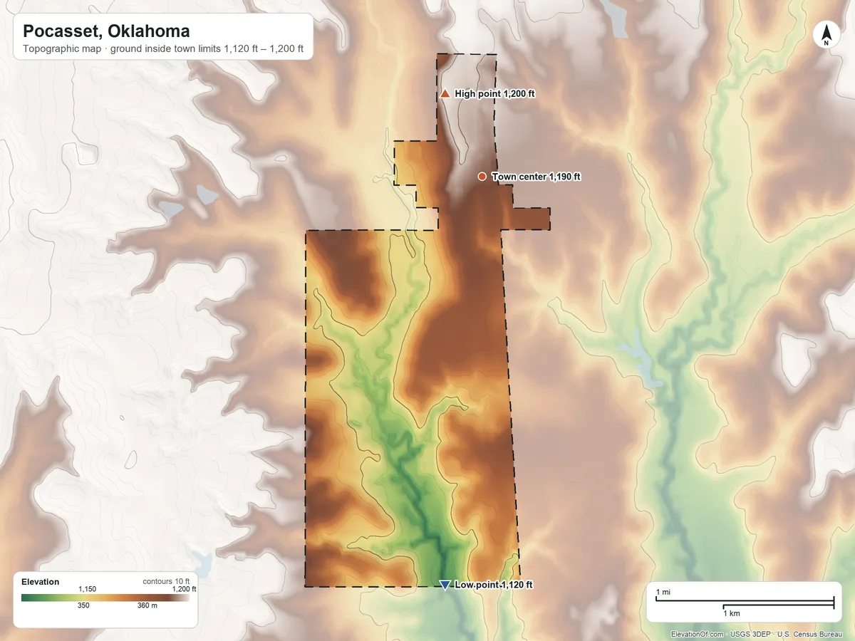Topographic elevation map of Pocasset, Oklahoma, shaded from 1,120 ft on the south side to 1,200 ft on the northwest side