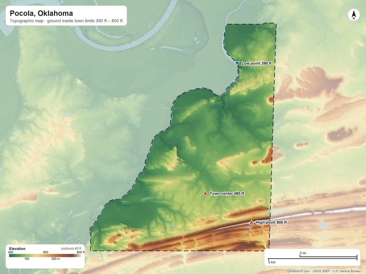 Topographic elevation map of Pocola, Oklahoma, shaded from 390 ft on the north side to 800 ft on the southeast side