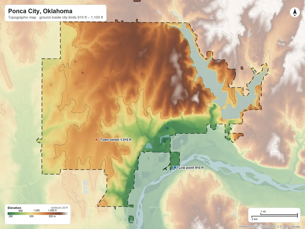 Topographic elevation map of Ponca City, Oklahoma, shaded from 910 ft on the east side to 1,100 ft on the north side