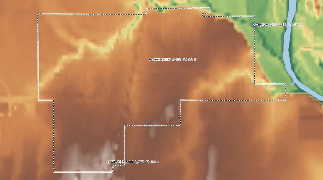 Topographic elevation map of Pond Creek, Oklahoma, shaded from 1,020 ft on the east side to 1,060 ft on the south side