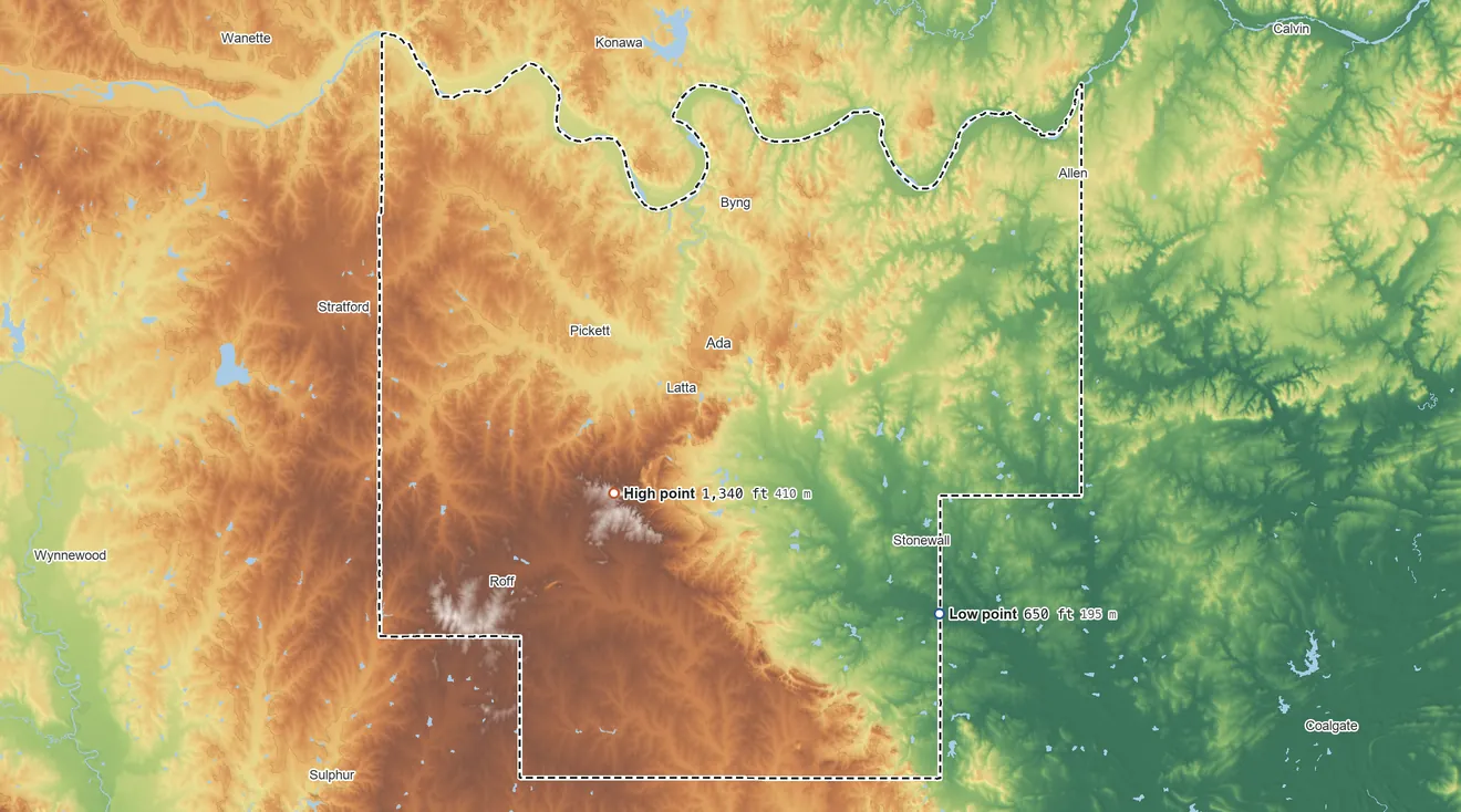 Topographic elevation map of Pontotoc County, Oklahoma, shaded from 650 ft on the southeast side to 1,340 ft on Chimney Hill