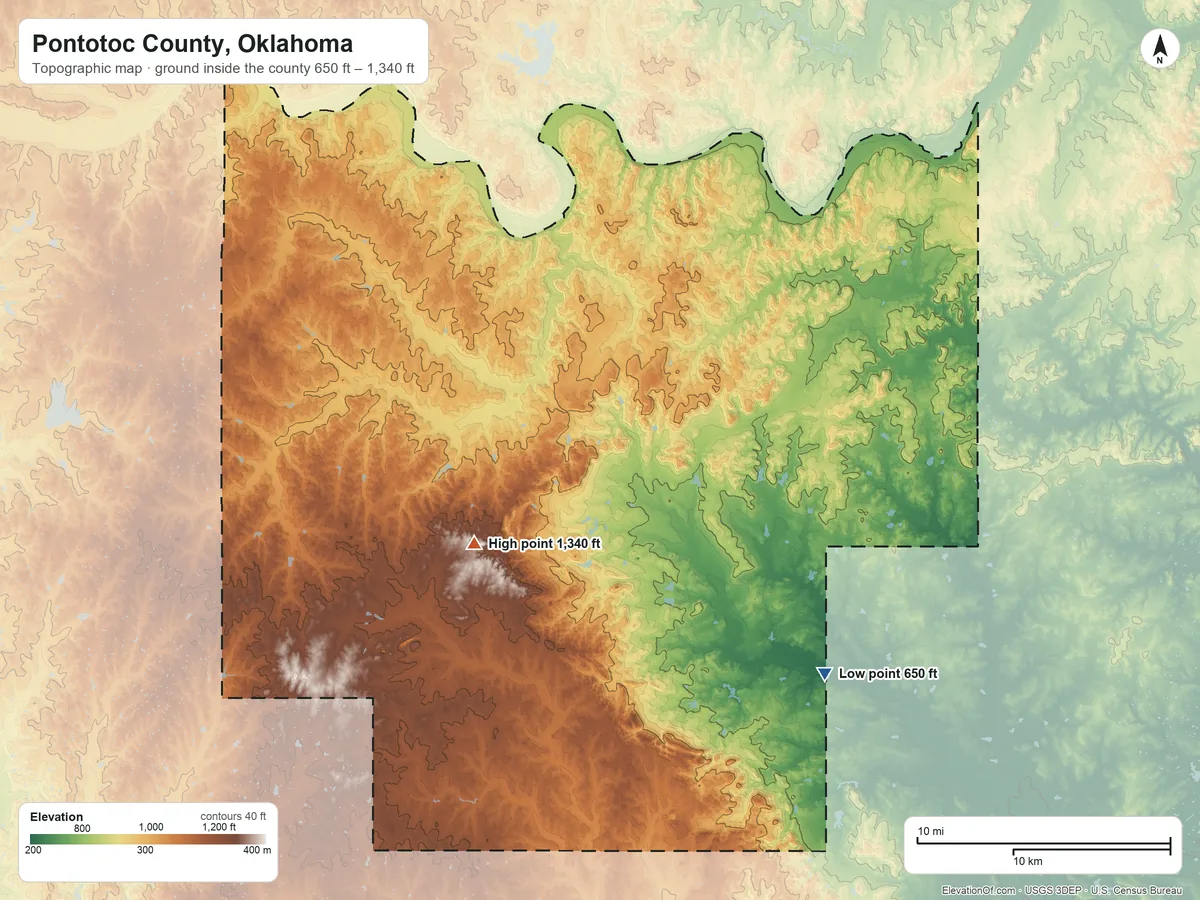 Topographic elevation map of Pontotoc County, Oklahoma, shaded from 650 ft on the southeast side to 1,340 ft on Chimney Hill