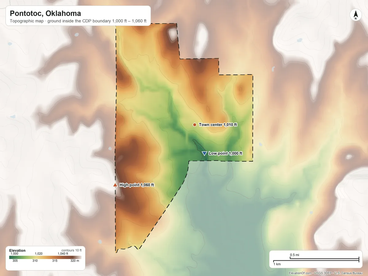 Topographic elevation map of Pontotoc, Oklahoma, shaded from 1,000 ft on the south side to 1,060 ft on the southwest side
