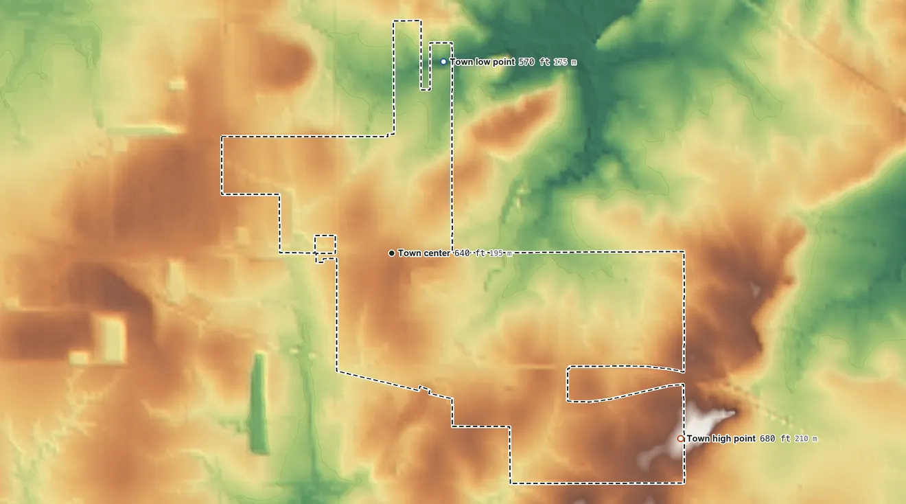 Topographic elevation map of Porter, Oklahoma, shaded from 570 ft on the north side to 680 ft on the southeast side