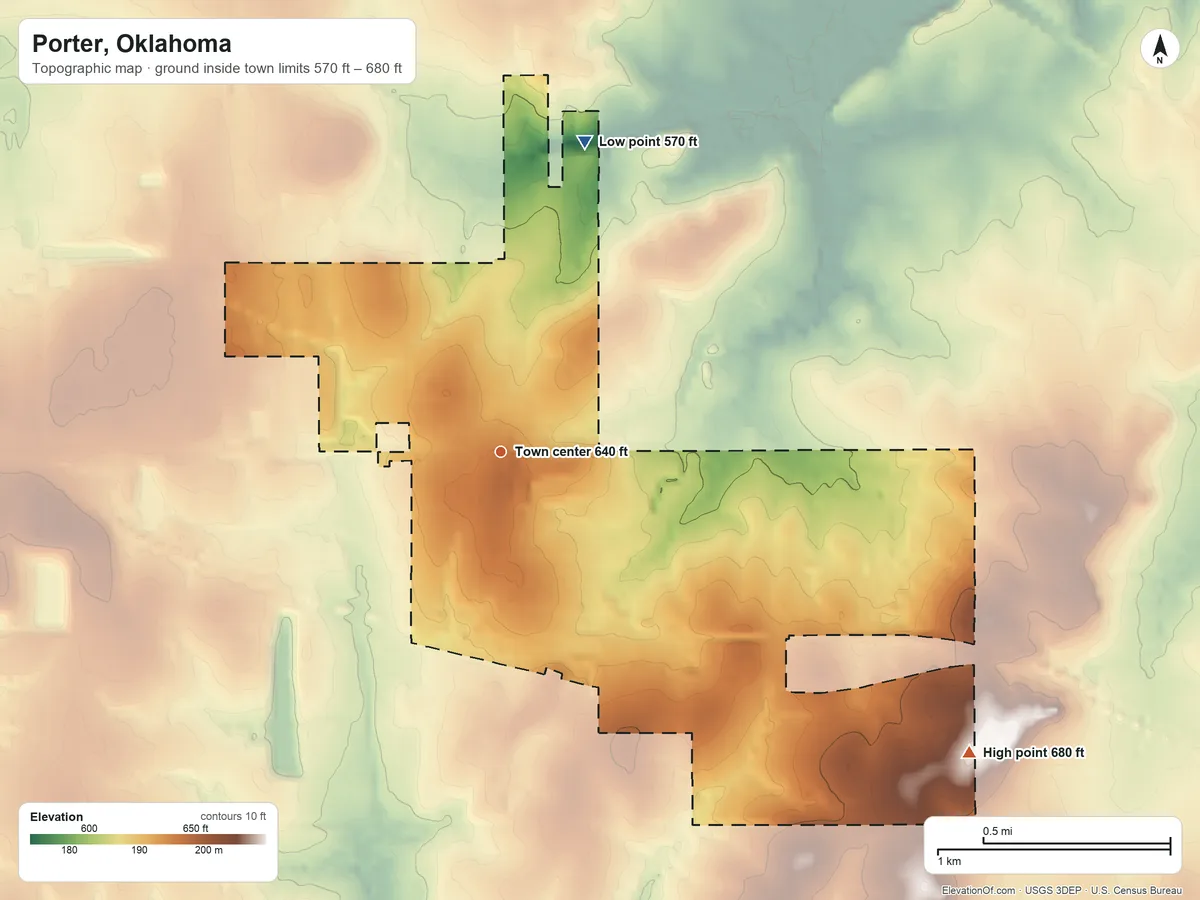 Topographic elevation map of Porter, Oklahoma, shaded from 570 ft on the north side to 680 ft on the southeast side
