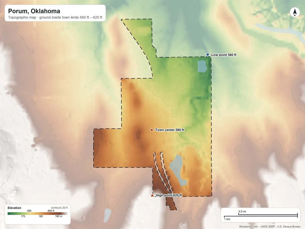 Topographic elevation map of Porum, Oklahoma, shaded from 560 ft on the northeast side to 620 ft at the foot of the Rattlesnake Mountains
