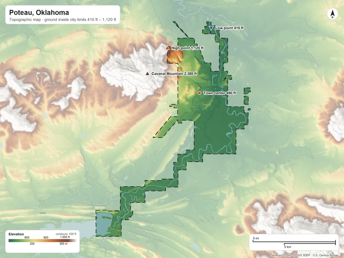 Topographic elevation map of Poteau, Oklahoma, shaded from 410 ft on the north side to 1,120 ft at the foot of the Sugar Loaf Mountains
