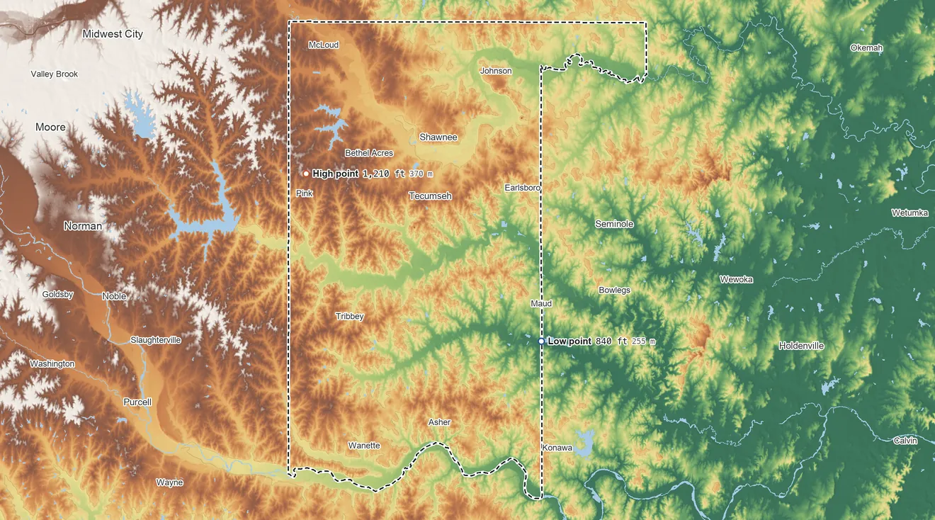 Topographic elevation map of Pottawatomie County, Oklahoma, shaded from 840 ft on the southeast side to 1,210 ft on the northwest side