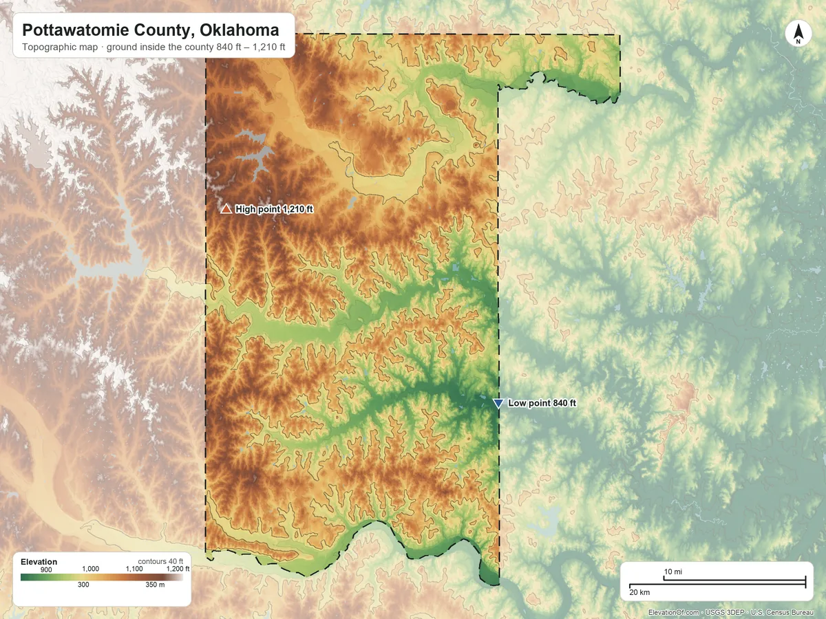 Topographic elevation map of Pottawatomie County, Oklahoma, shaded from 840 ft on the southeast side to 1,210 ft on the northwest side