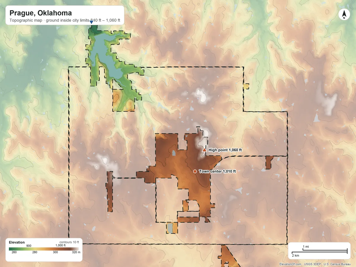 Topographic elevation map of Prague, Oklahoma, shaded from 840 ft on the northwest side to 1,060 ft near the middle