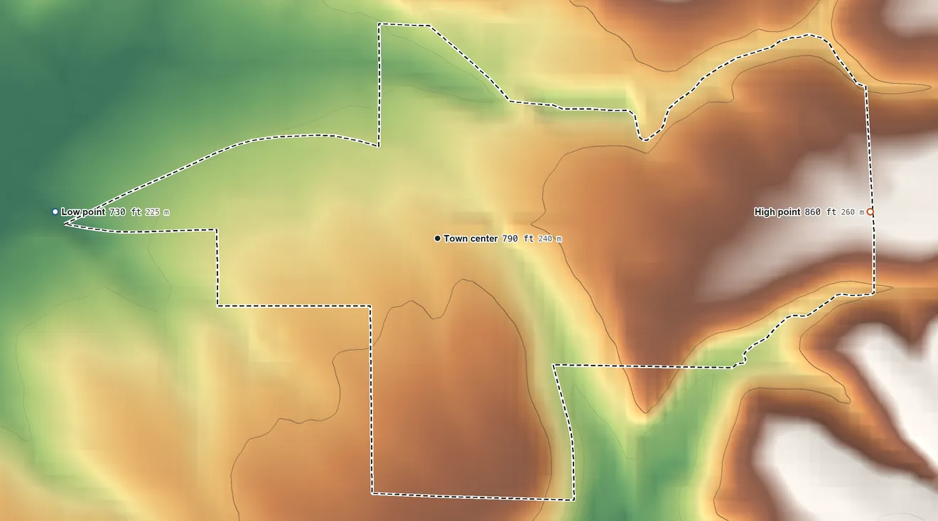 Topographic elevation map of Preston, Oklahoma, shaded from 730 ft on the west side to 860 ft on the east side