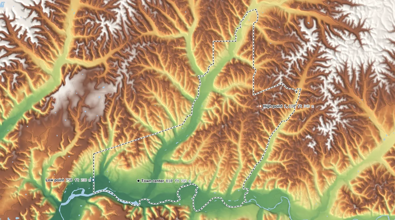 Topographic elevation map of Proctor, Oklahoma, shaded from 750 ft on the west side to 1,110 ft on the northeast side