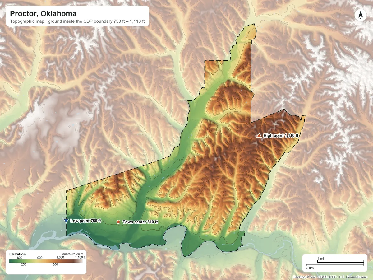 Topographic elevation map of Proctor, Oklahoma, shaded from 750 ft on the west side to 1,110 ft on the northeast side