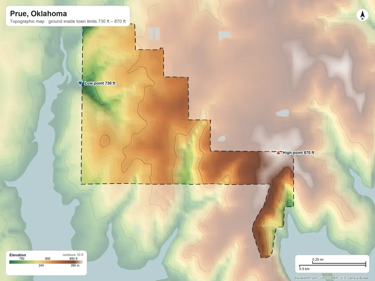 Topographic elevation map of Prue, Oklahoma, shaded from 730 ft on the northwest side to 870 ft on the east side