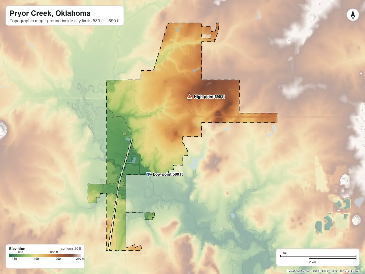 Topographic elevation map of Pryor Creek, Oklahoma, shaded from 580 ft on the south side to 690 ft on the northeast side