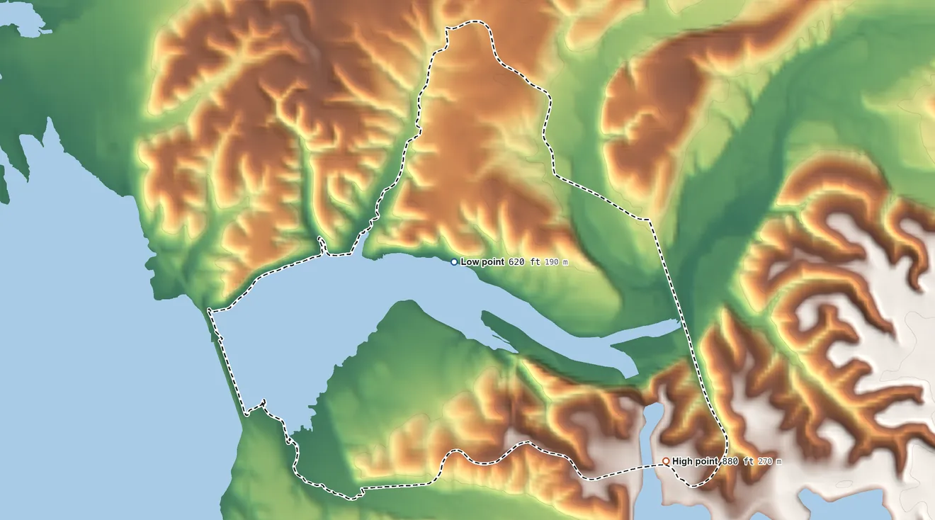Topographic elevation map of Pump Back, Oklahoma, shaded from 620 ft on the west side to 880 ft on the southeast side