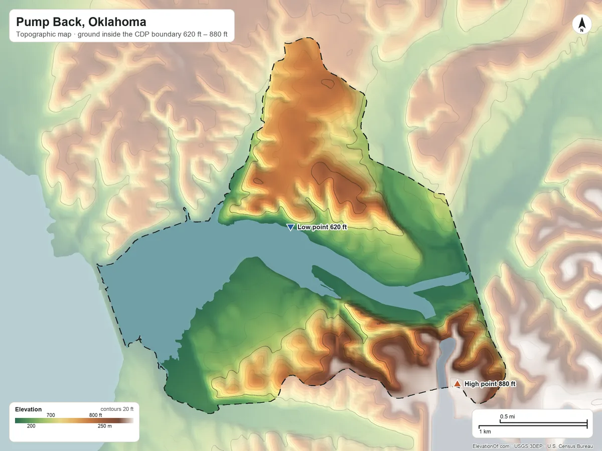 Topographic elevation map of Pump Back, Oklahoma, shaded from 620 ft on the west side to 880 ft on the southeast side