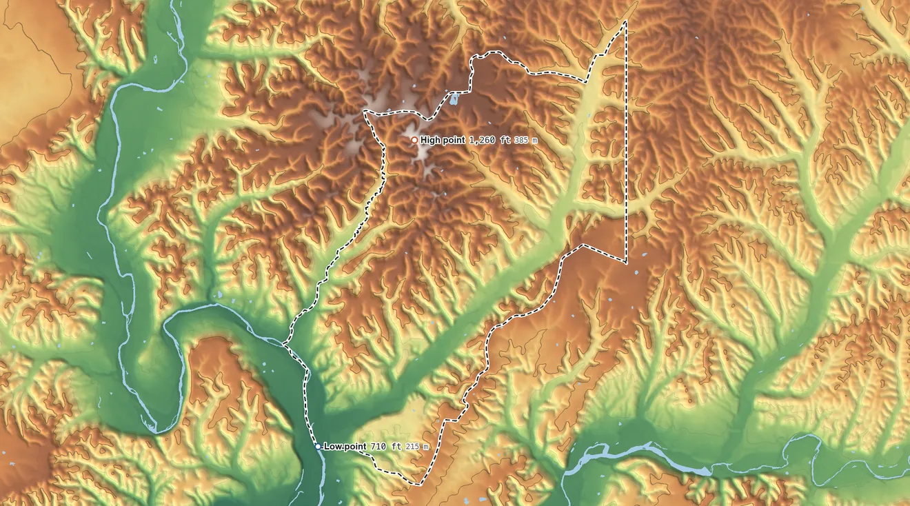 Topographic elevation map of Pumpkin Hollow, Oklahoma, shaded from 710 ft on the southwest side to 1,260 ft on the north side