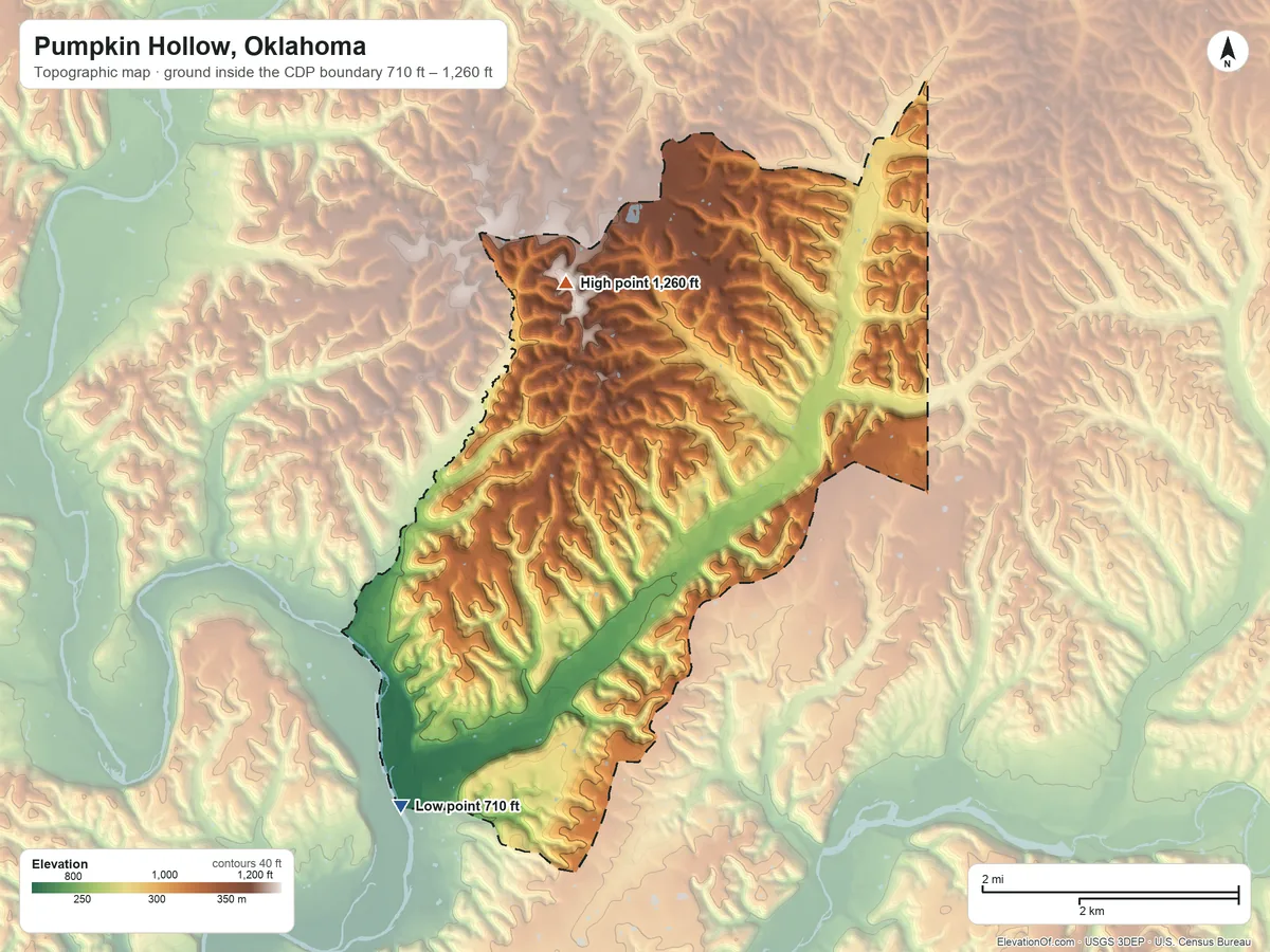 Topographic elevation map of Pumpkin Hollow, Oklahoma, shaded from 710 ft on the southwest side to 1,260 ft on the north side