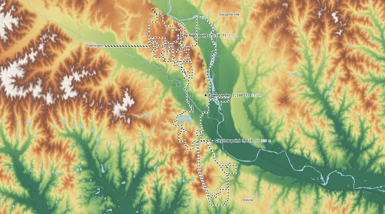 Topographic elevation map of Purcell, Oklahoma, shaded from 1,020 ft on the south side to 1,240 ft on the northwest side