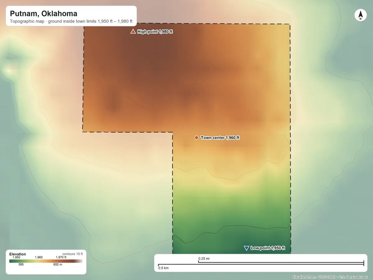 Topographic elevation map of Putnam, Oklahoma, shaded from 1,950 ft on the southeast side to 1,980 ft on the northwest side