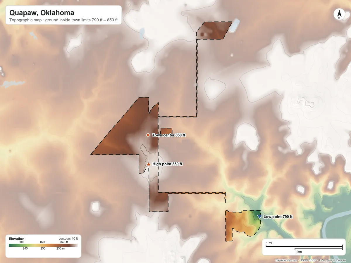 Topographic elevation map of Quapaw, Oklahoma, shaded from 790 ft on the southeast side to 850 ft on the south side