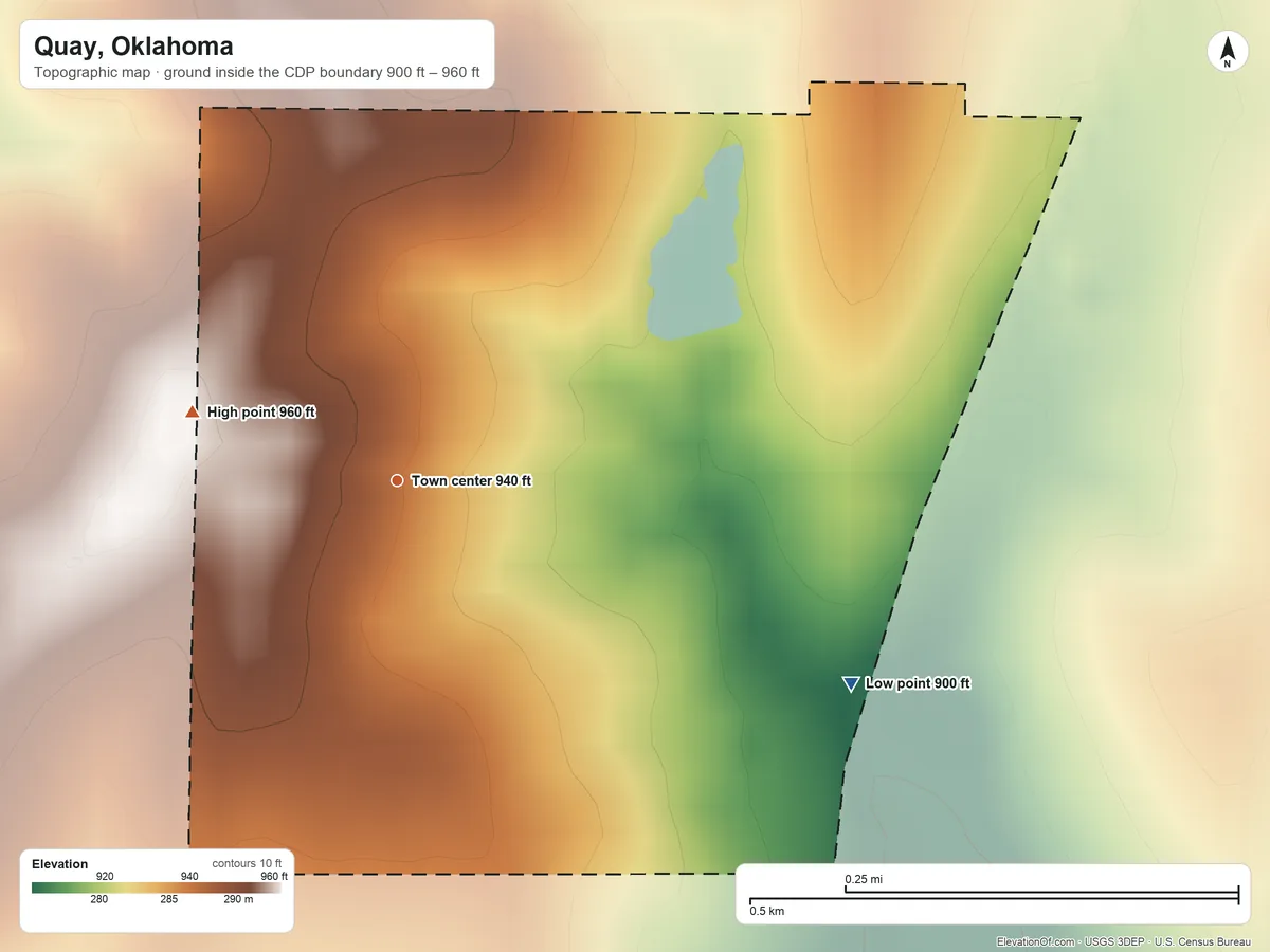 Topographic elevation map of Quay, Oklahoma, shaded from 900 ft on the southeast side to 960 ft on the west side