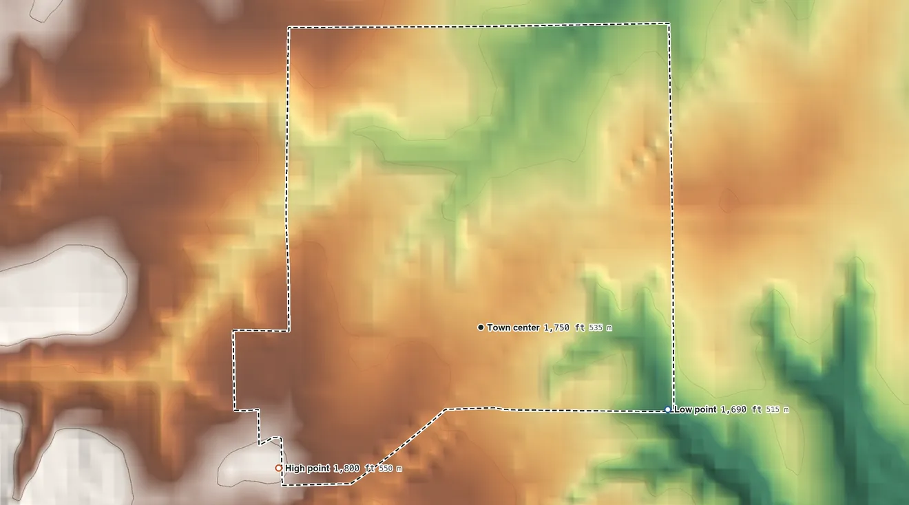 Topographic elevation map of Quinlan, Oklahoma, shaded from 1,690 ft on the southeast side to 1,800 ft on the southwest side